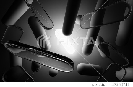 Black 3d background with white neon glowing rounded line, flying abstract geometric shapes - crystal clear glass lens, sticks and spheres in shade. Futuristic tech, wallpaper screen. 3D illustration Black 3d background with white neon glowing rounded line, flying abstract geometric shapes - crystal clear glass lens, sticks and spheres in shade. Futuristic tech, wallpaper screen. 3D illustration 137363731