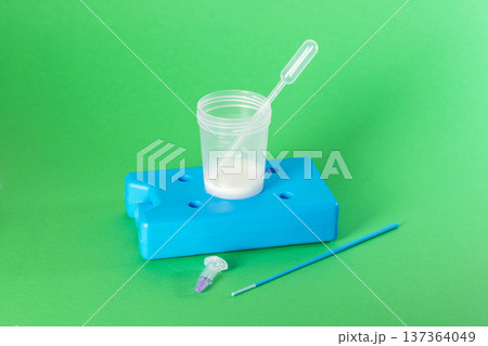 Prostate fluid and sperm biomaterial are stored on a cooling unit. Concept of donation and diseases in the male reproductive system. Sexually transmitted infections. Copy space for text 137364049