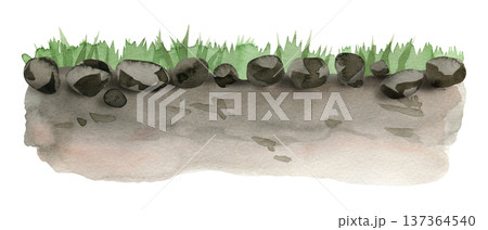 Hand drawn watercolor illustration of a natural path with grey stones and lush green grass. This rustic landscape border is perfect for garden design, eco-branding, and outdoor-themed scrapbooking. Hand drawn watercolor illustration of a natural path with grey stones and lush green grass. This rustic landscape border is perfect for garden design, eco-branding, and outdoor-themed scrapbooking. 137364540