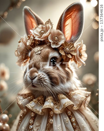 ローズの花冠をまとったうさぎのブライダルポートレート　ゴールドの輝きが広がる幻想背景 137364616
