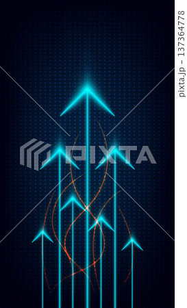cyan glowing arrows rising on dark grid background with orange energy swirls for business growth and data technology concept 137364778