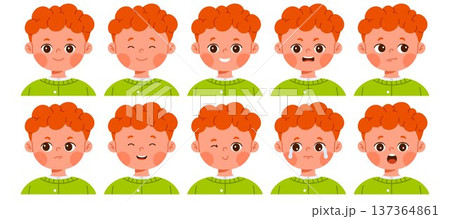 Set of cute redhead boy character with different facial expressions. Child avatar with various emotions as happy, sad, surprised, angry, confused and smiling. Isolated vector illustration 137364861