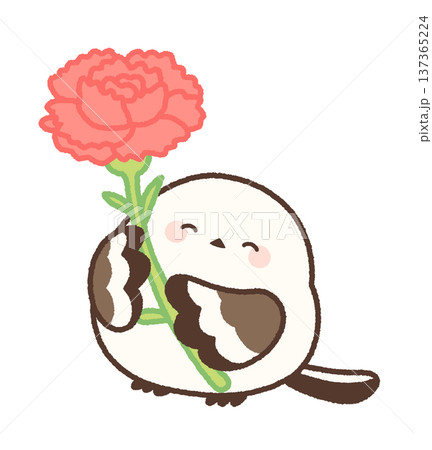 赤いカーネーションを持ったにっこりシマエナガ 137365224
