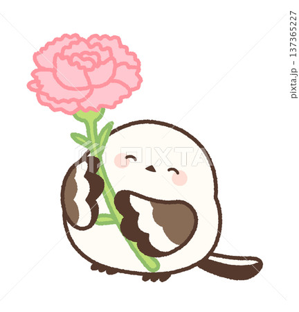 ピンクのカーネーションを持ったにっこりシマエナガ 137365227