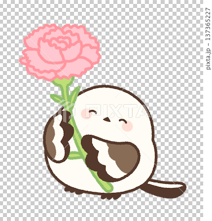 ピンクのカーネーションを持ったにっこりシマエナガ 137365227