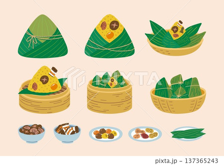 Dragon Boat Festival Zongzi and Ingredients Illustration: Sticky Rice Dumplings, Salted Egg Yolk, and Bamboo Leaves 137365243