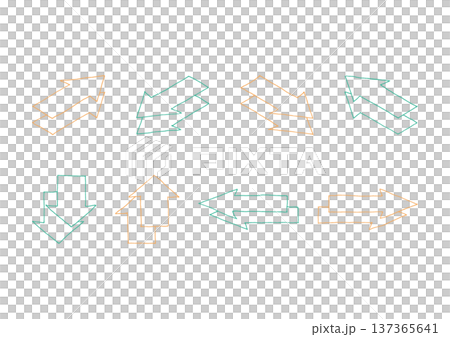 Set of hand drawn orange and green arrow line art isometric illustrations 137365641