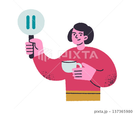 Woman holding pause sign with coffee cup in hands. Flat vector illustration for break time concept. Cartoon style character in pink sweater, relaxation theme. Empty state design for apps, websites Woman holding pause sign with coffee cup in hands. Flat vector illustration for break time concept. Cartoon style character in pink sweater, relaxation theme. Empty state design for apps, websites 137365980