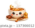 Cute cartoon bowl of steaming soup with smiling face on plate 137366012