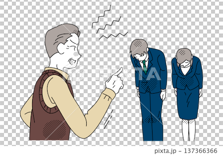 Business illustration of an employee apologizing for customer complaints and customer harassment Business illustration of an employee apologizing for customer complaints and customer harassment 137366366