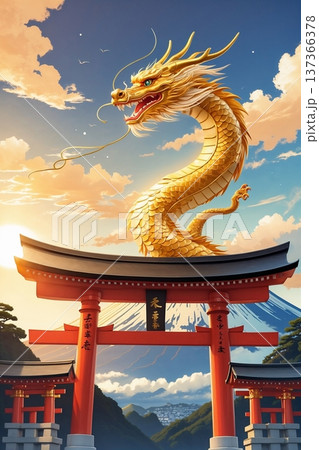 富士山と鳥居に昇る黄金の龍 Golden dragon rising over Mt Fuji anのイラスト素材 [137366378 ...