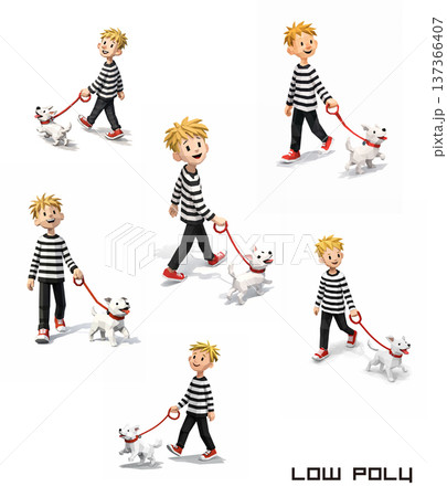 犬と散歩する少年ローポリゴン風　イラストセット 137366407