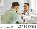 Supportive professional woman doctor supporting man patient who has health problems 137366692