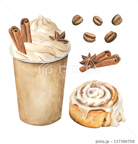 A takeaway coffee cup with whipped cream, cinnamon, and coffee beans. Cinnabon with cinnamon and vanilla cream, hand-painted in watercolor on a white background. Perfect for menus, and coffee shops. 137366708