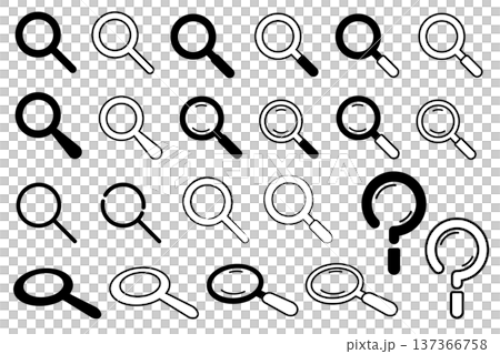 虫眼鏡のイラストセット｜白黒や上から覗き込むなど様々なタイプのバリエーションセット 137366758
