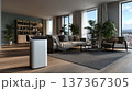 Modern Living Room with Air Conditioner: Stylish Interior Design in a Bright Space Featuring Greenery and City Views 137367305