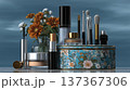 Elegant Arrangement of Luxury Skincare and Makeup Products with Floral Accents in Soft Light Setting 137367306