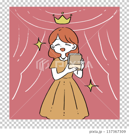 Illustration of a woman celebrating her book winning an award with a background Illustration of a woman celebrating her book winning an award with a background 137367309