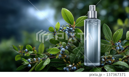 Moisturizing Skin Care Product Surrounded by Lush Greenery and Berries with a Dramatic Background 137367371