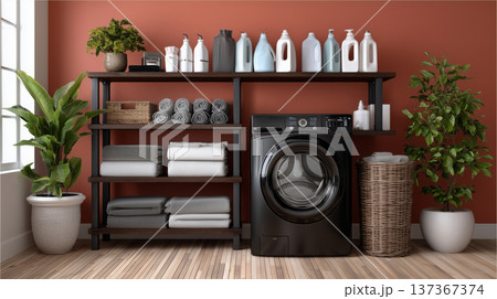Modern Laundry Room Setup with Black Washing Machine, Organized Shelving, and Plants Against a Warm  137367374