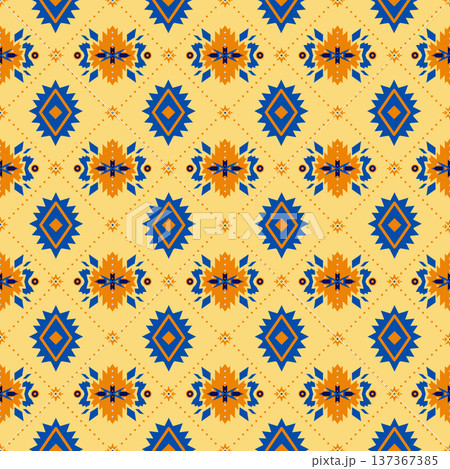 Geometric Ethnic Seamless Pattern with Tribal Ornaments on Yellow Background Geometric Ethnic Seamless Pattern with Tribal Ornaments on Yellow Background 137367385
