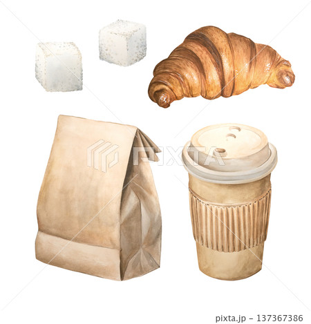 A composition of Americano coffee, sugar cubes, and a paper baking bag. Watercolor vintage elements of a coffee-to-go theme on a white background. Perfect for coffee shop, cafes, and restaurants. A composition of Americano coffee, sugar cubes, and a paper baking bag. Watercolor vintage elements of a coffee-to-go theme on a white background. Perfect for coffee shop, cafes, and restaurants. 137367386