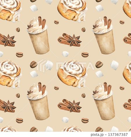 A seamless pattern featuring coffee in a cup, cinnamon, coffee beans, and a cinnamon stick. The coffee to go is hand-drawn in watercolor on a white background. Suitable for print, fabric, and menus. 137367387