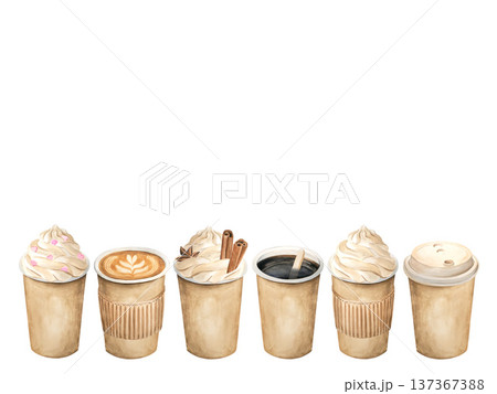 Cappuccino, espresso, Americano, frappe, and mocha in a watercolor set. Vintage-style takeaway coffee on a white background. Perfect for menus, coffee shops, and print. Cappuccino, espresso, Americano, frappe, and mocha in a watercolor set. Vintage-style takeaway coffee on a white background. Perfect for menus, coffee shops, and print. 137367388