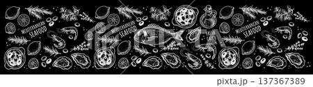 Black chalkboard banner featuring hand drawn seafood illustrations and typography 137367389