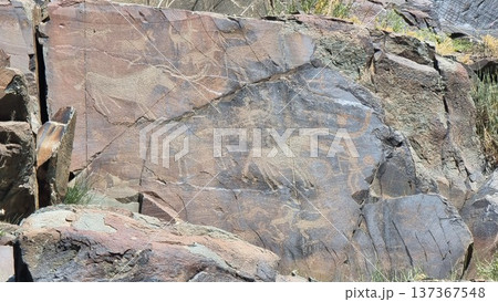 Texture of stones. Stones with petroglyphs. 137367548