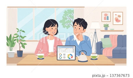 リビングでオンライン相談・夫婦 137367673