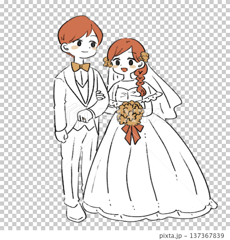 Illustration of a bride and groom in a wedding dress and tuxedo Illustration of a bride and groom in a wedding dress and tuxedo 137367839