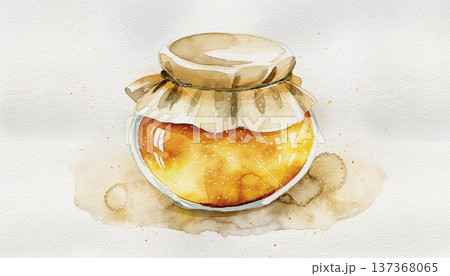 水彩画風のハチミツ瓶のイラスト　白バック　手書き風　はちみつ　ジャム瓶　食品素材　アナログ調 137368065