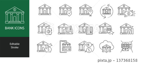 Banking Line Icons Set. Bank Building, Card Payment, Money Transfer, Security, and Financial Services Outline Symbols in a vector illustration 137368158