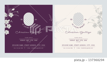 Floral memorial and funeral invitation card template design, purple and brown decorated with golden shower flowers and leaves 137368294