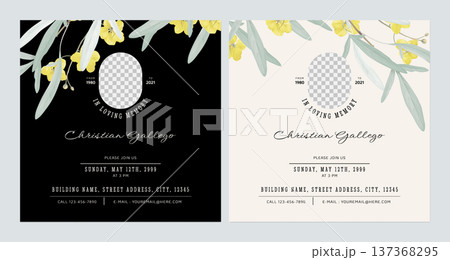 Floral memorial and funeral invitation card template design, brown and grey decorated with golden shower flowers and leaves 137368295