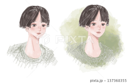 ショートカットの女性(体部分が透過したラフな描線のポートレート) 137368355