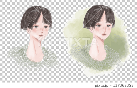 ショートカットの女性(体部分が透過したラフな描線のポートレート) 137368355