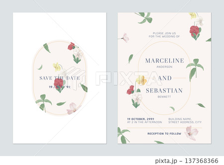 Floral wedding invitation card template design, pansy flowers and leaves on brown Floral wedding invitation card template design, pansy flowers and leaves on brown 137368366