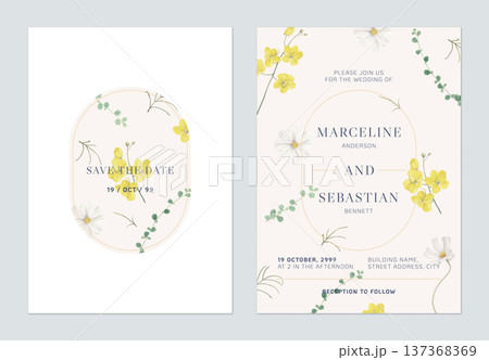 Floral wedding invitation card template design, golden shower and cosmos flowers on brown 137368369