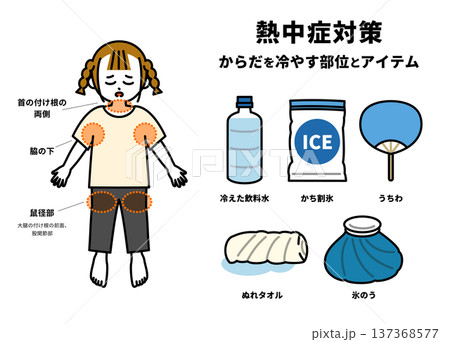熱中症になった時に冷やす体の部位とアイテムの図解（女の子） 137368577