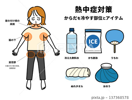 熱中症になった時に冷やす体の部位とアイテムの図解（成人女性） 137368578