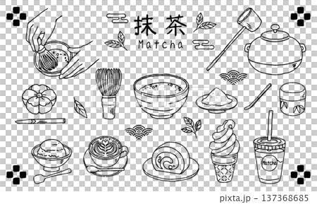 Matcha illustration set, hand-drawn line drawing, monochrome 137368685