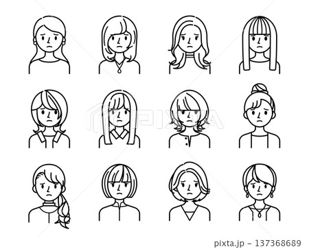 ベクターイラスト素材：困ったり悩んだりしている若い女性の上半身アイコンセット 137368689