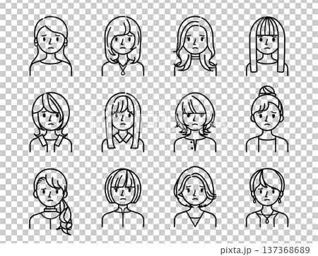 ベクターイラスト素材：困ったり悩んだりしている若い女性の上半身アイコンセット 137368689