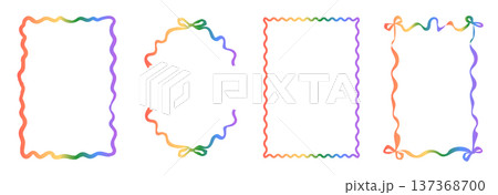 Set of hand drawn frames with wavy squiggle curly edges and rainbow gradient colors. Whimsical borders with abstract lines and retro scalloped corners for invitations, posters, social media. Vector. 137368700
