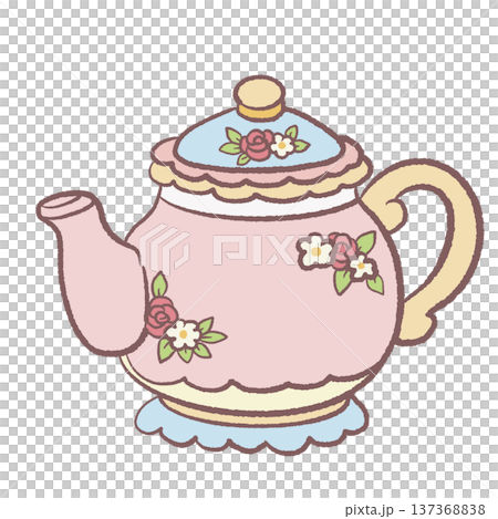 Kawaii vintage floral teapot with pastel flowers cottagecore tea illustration cute porcelain teapot for afternoon tea designs tea party graphics kitchen decor and cozy spring clipart 137368838