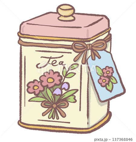 Kawaii vintage tea tin container with floral label pastel cottagecore tea storage canister illustration for kitchen decor tea shop graphics herbal tea packaging designs Kawaii vintage tea tin container with floral label pastel cottagecore tea storage canister illustration for kitchen decor tea shop graphics herbal tea packaging designs 137368846