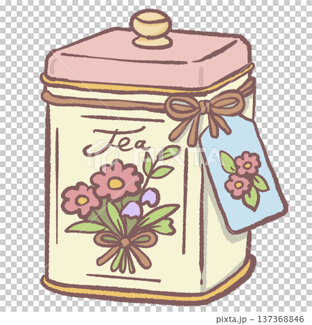 Kawaii vintage tea tin container with floral label pastel cottagecore tea storage canister illustration for kitchen decor tea shop graphics herbal tea packaging designs Kawaii vintage tea tin container with floral label pastel cottagecore tea storage canister illustration for kitchen decor tea shop graphics herbal tea packaging designs 137368846