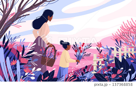 Mother's Day mother and daughter picking flowers colorful spring landscape with blooming plants basket bouquet outdoor scene website banner 137368858